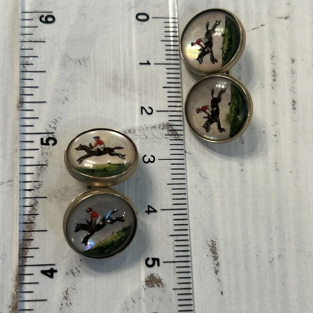Antique VTG 14K Gold Intaglio Reverse Essex Crystal Horse Jockey Cufflinks Derby